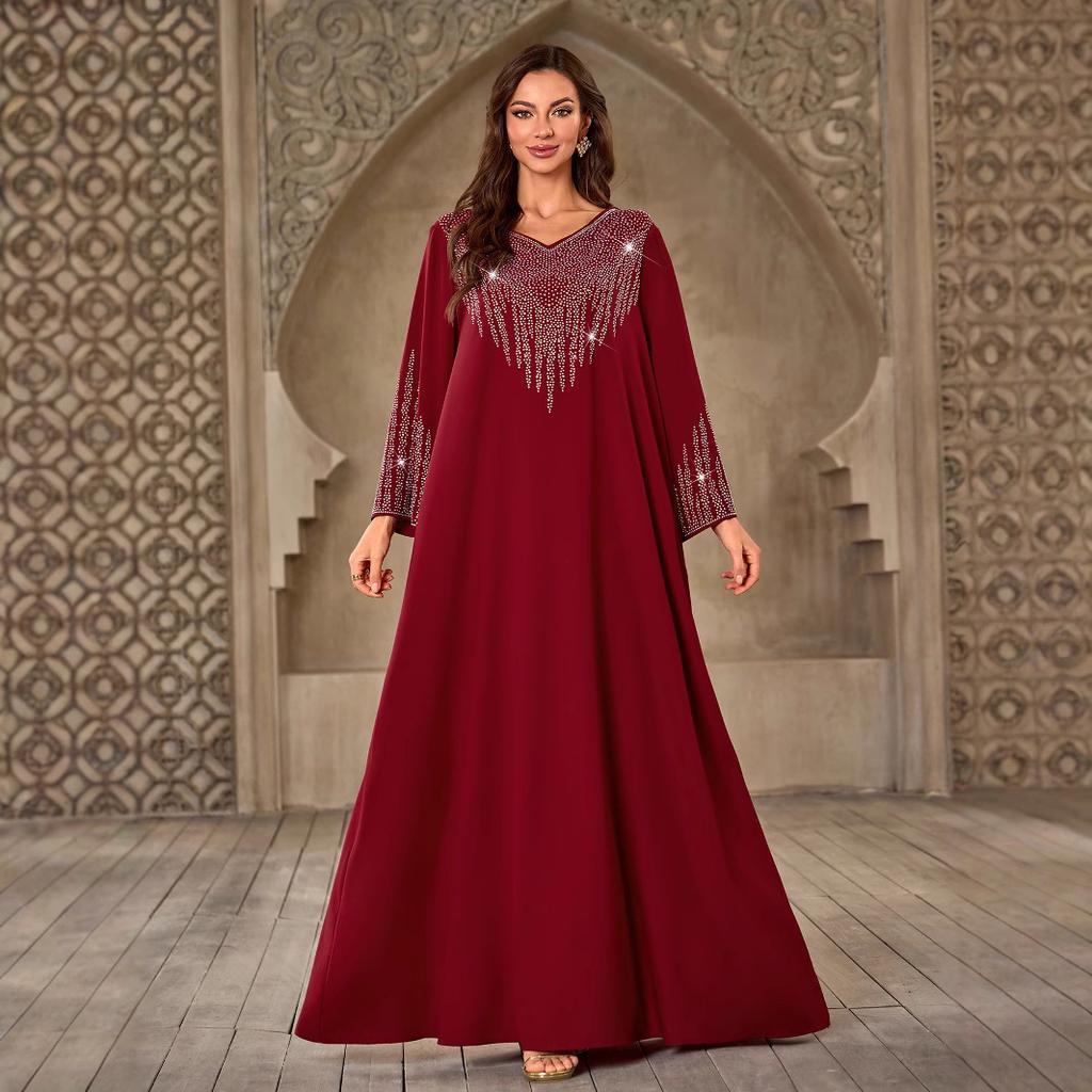 XQY500405 Middle East Women's Clothing, Fashion Hot Diamond V-Neck Casual Loose Dubai New Dress