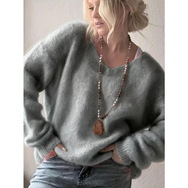 JPNTKY Women's Fashion Casual Solid Color Print Autumn Winter Long Sleeve O-Neck Loose Sweaters