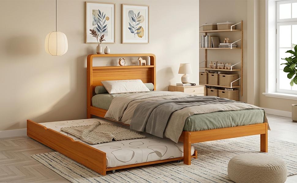 Letto in Legno 90x200 cm con Letto Estraibile 90x190 cm, Letto Funzionale con Letto Ospite Montabile a Sinistra/Destra, Testiera Arrotondata e Design Salvaspazio