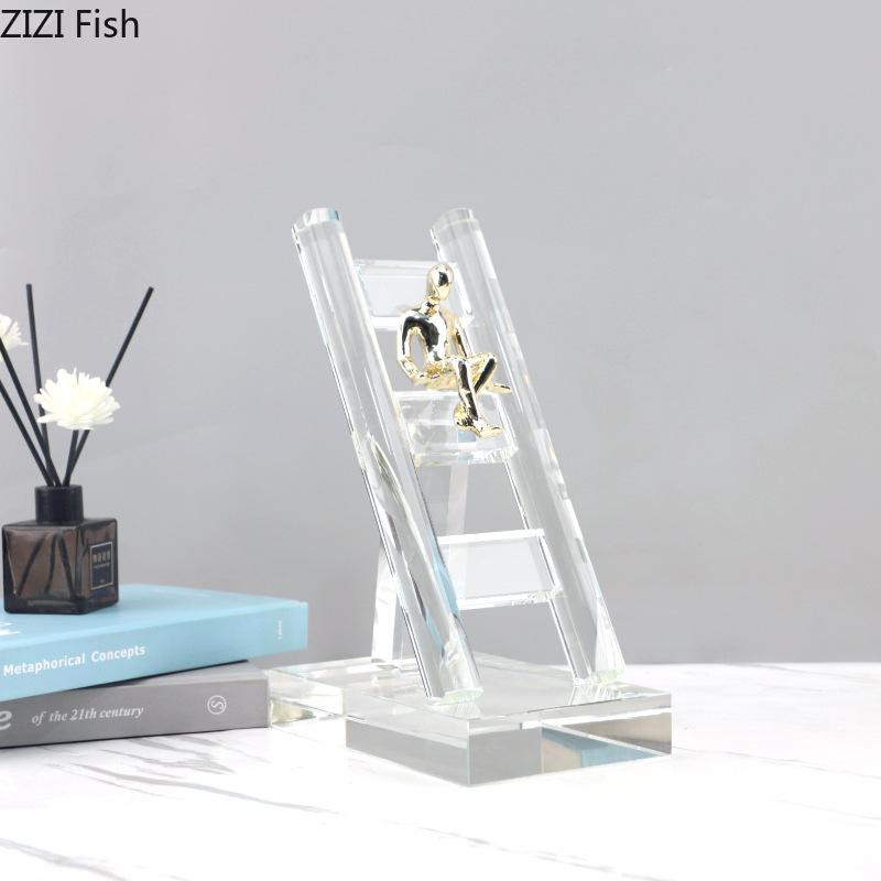 Crystal Staircase Golden Figures Statue Desk Decoration Creative Climbing Stairs Characters Resin Sculpture Room Aesthetic Decor
