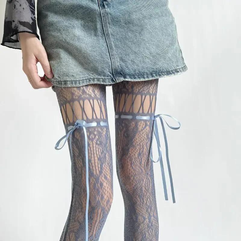 Y2K Fashion Gothic Flower Hollow Out Sexy Pantyhose Women Fishnet Bow Tie Ins  Girls Jk Tights High Elastic Hipster Leggings