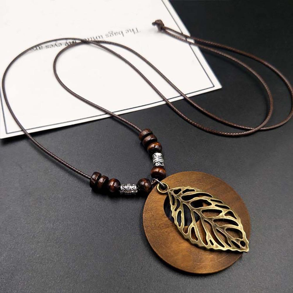 Round Clothing Pendant Retro Ethnic Sweater Necklace Gifts Vintage Leather Lanyard  Women Girls