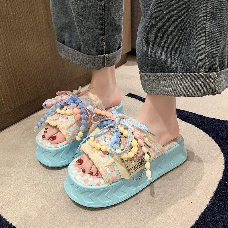 Fashion 6cm Cute Kawaii Fashion Graffiti Slippers Women's Thick Soles Raised Canvas Line Drag for Women's Trendy Muffins  External Wear