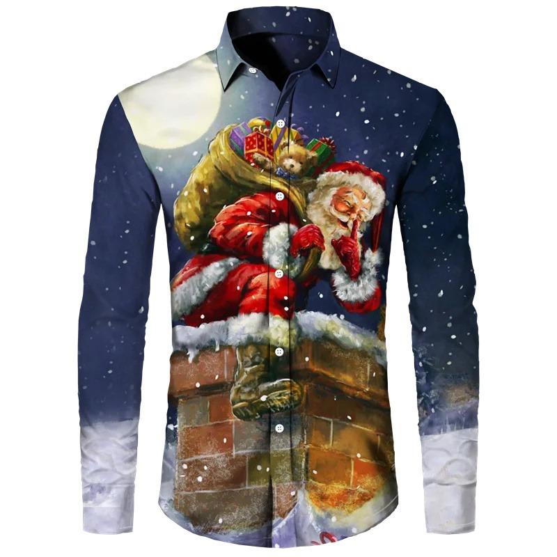 2026 Christmas Long Sleeve Shirt Lapel Men's Button Up Shirt Autumn Christmas Snowman 3D Printed Men's Casual Party Holiday Top
