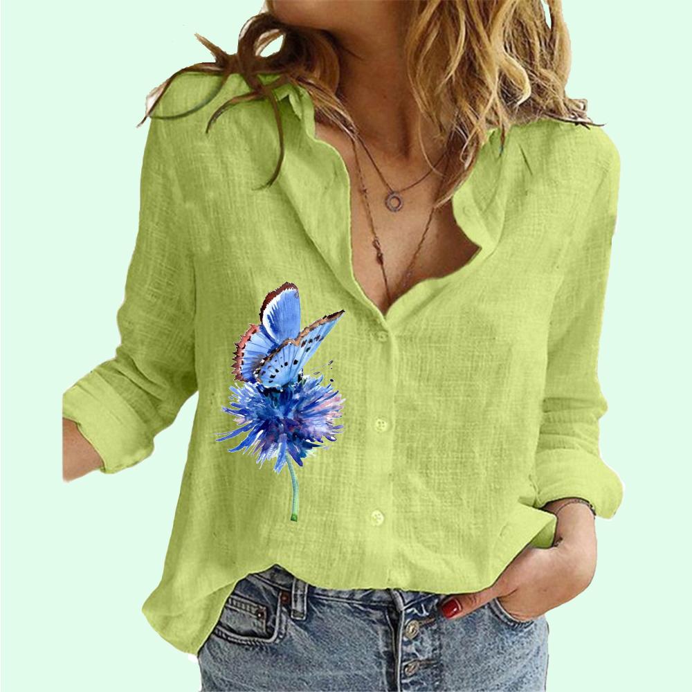 Women Fashion Lapel Neck Long Sleeve T-shirt Summer&fall Casual Floral Print Cotton Linen Top Female Loose Buttoned Blouses