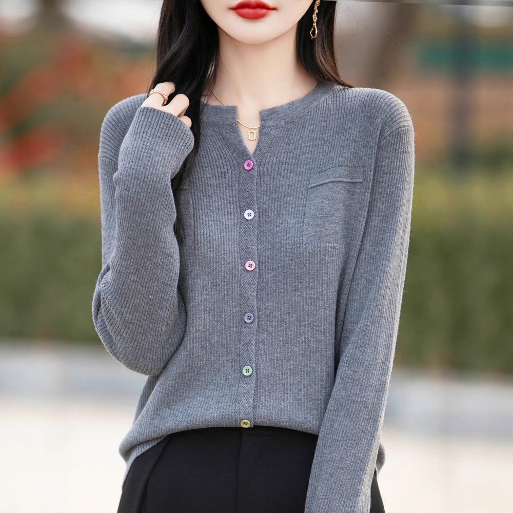 Women's Slimming V-Neck Stripe Button Cardigan for Autumn/Winter