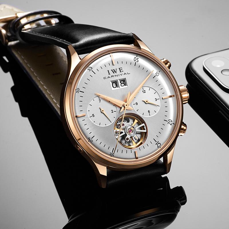 New CARNIVAL Grey Dial Luxury Tourbillon Watch For Men Mechanical Travel Time Wrist Watch Men Leather Waterproof