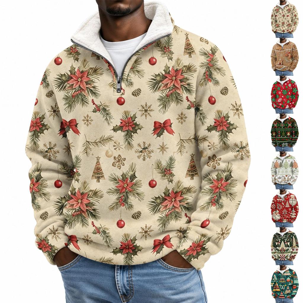 Herren Flanell Sweatshirt mit Stehkragen und Weihnachtsdruck für Freizeitkleidung an den Feiertagen