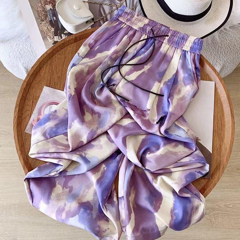 Plus Size Women's Summer Ice Silk Wide-Leg Pants: High Waist, Slimming, Cool & Casual.