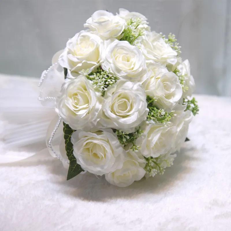 White Bridal Bouquet Silk Flowers Roses With Yarn Bridesmaid Wedding Bouquet Simulation Flower Artificial Wedding Accessories