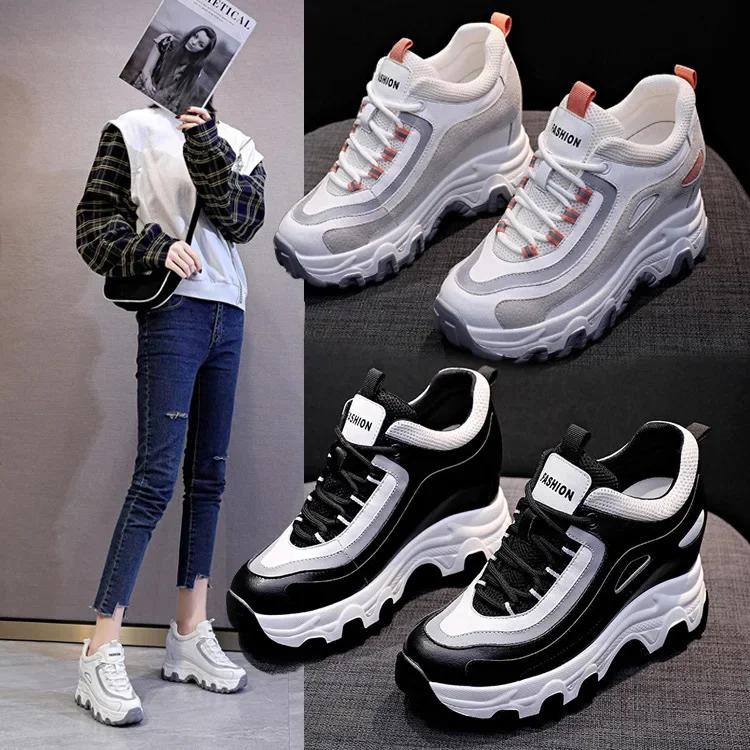Fashion 9CM Genuine Leather Women Casual Shoes Chunky Sneakers Platform Wedge Heel Women Vulcanized Shoes Women