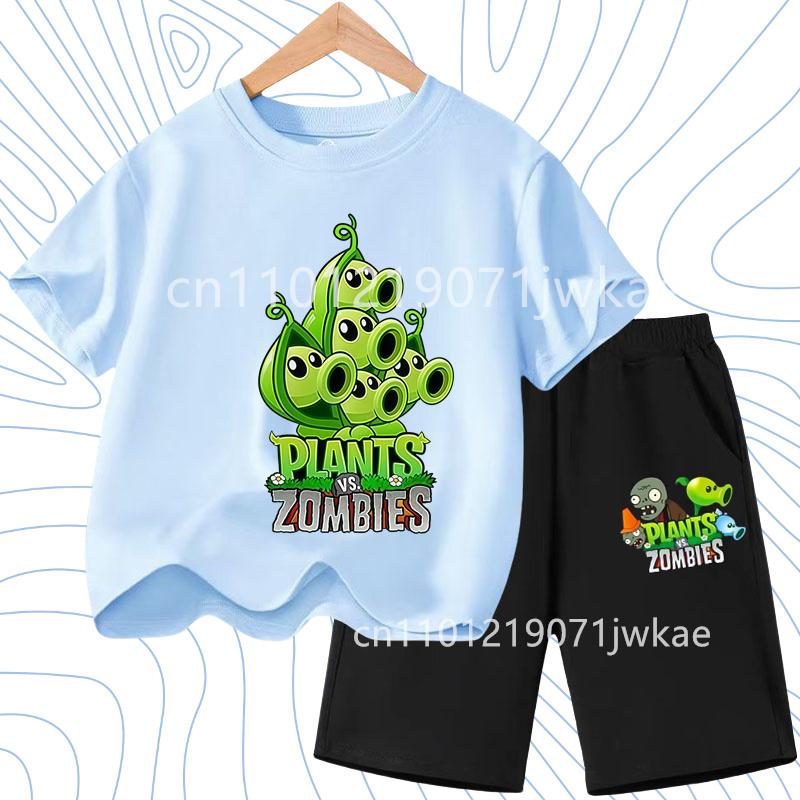Children's Plants Vs. Zombies Short-Sleeved T-Shirt Set Cotton Summer Fashion Comfortable Top+pants for Boys and Girls