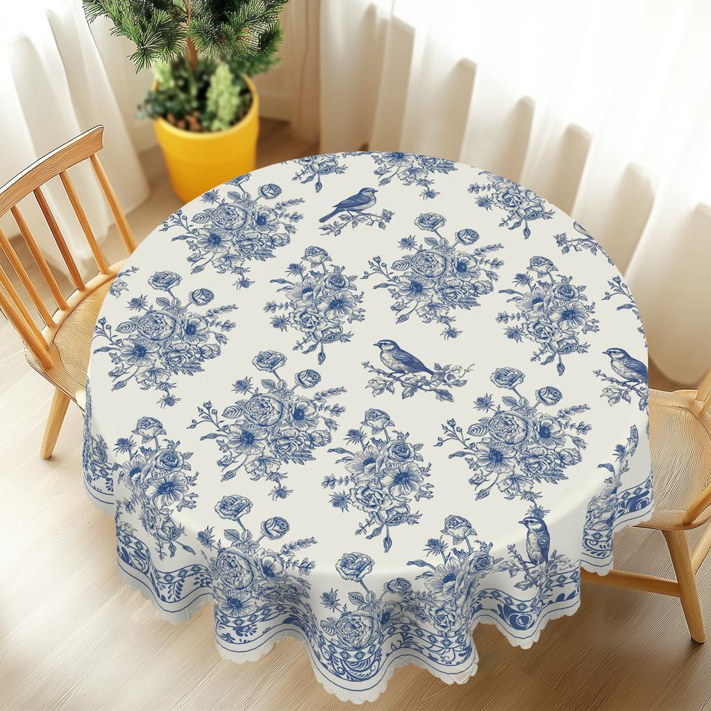 1 Piece Of Vintage Floral-Themed Tablecloth, Featuring A Blue And White Porcelain Style Print With Floral And Bird Patterns, Available In Various Size