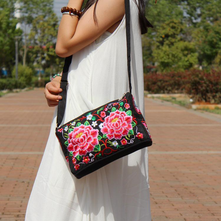 Yunnan Ethnic Embroidered One-Shoulder Crossbody Bag with Three Zippers - Large Size for Ladies