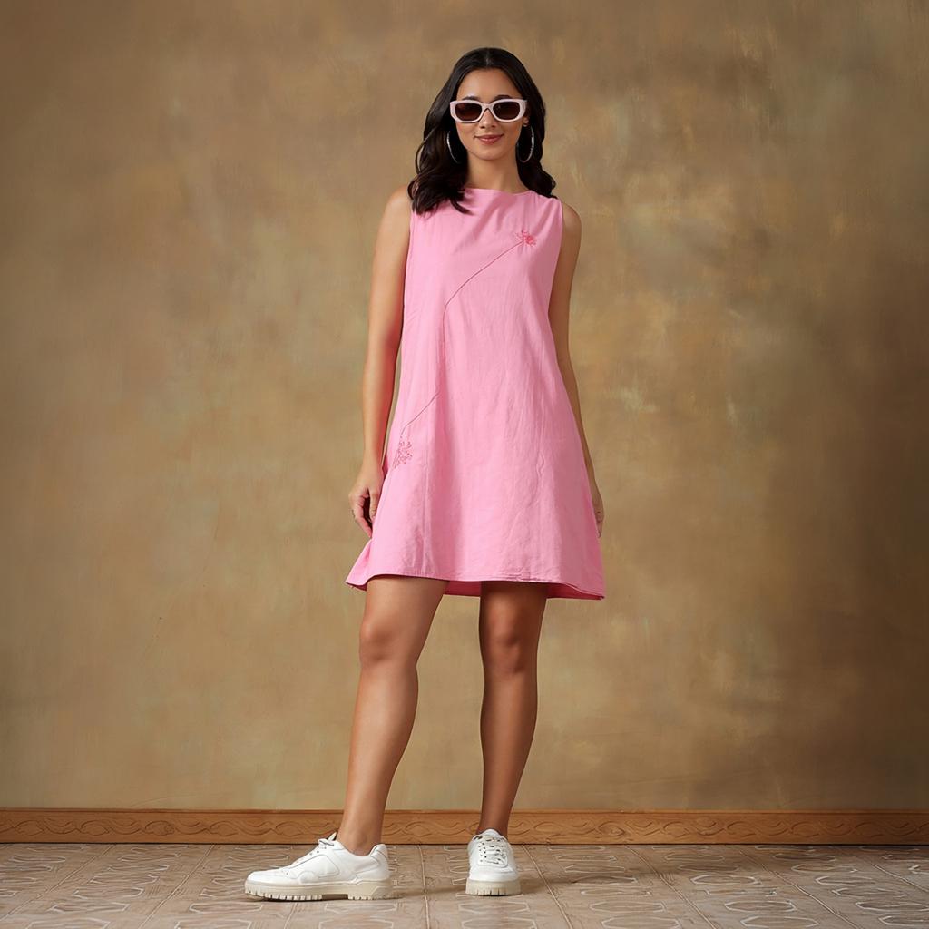Women’s Pink Cotton Dress Casual Sleeveless Summer Mini Dress for Travel Vacation Daily Wear