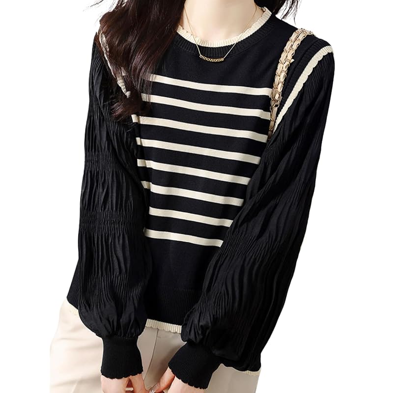 

[one Anbu] border sweater ladies puff sleeves knit puff sleeve knit sheer blouse spring black docking knit puff sleeves Transparency black