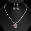 Elegant Pink Heart Zircon Necklace Set with Earring Ring Fashion Jewelry for Women
