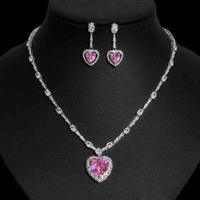 Elegant Pink Heart Zircon Necklace Set with Earring Ring Fashion Jewelry for Women