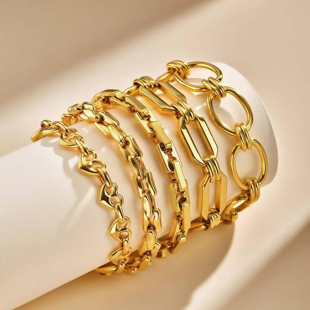 Vnox Stainless Steel 18K Gold Plated Link Geometric Cable Chains, Stacked Bracelet For Women, Waterproof Jewelry Gifts