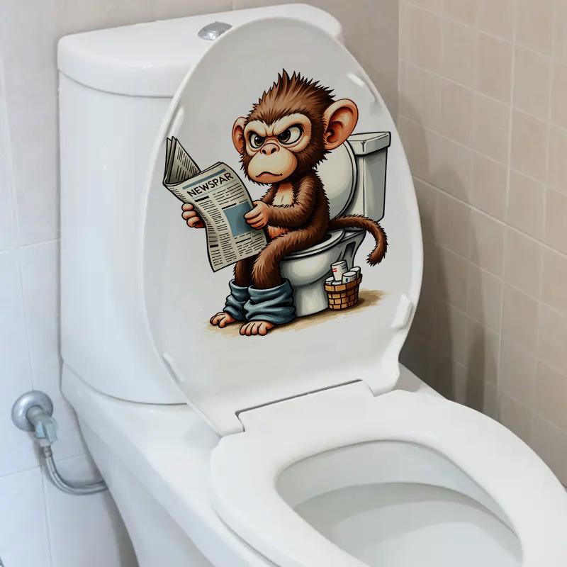 3D Funny Cartoon Monkey Reading Newspaper Toilet Wall Sticker Self-Adhesive Waterproof Removable Bathroom Home Decor Art