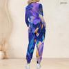 Women Plus Size Printed Nurse Scrub Set V Neck Long Sleeve Top And Pants With Pockets