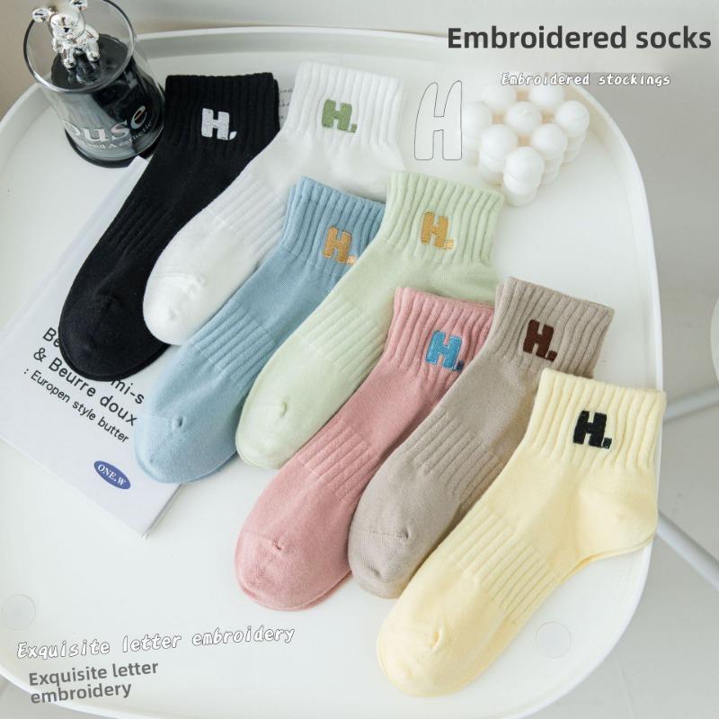5 Pairs of Women's Spring and Autumn Cotton Short Tube Embroidery Sports Boat Socks