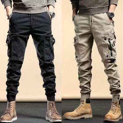 Men's Autumn 2022 Tactical Overalls with Zipper Pockets and Cuffed Casual Pants