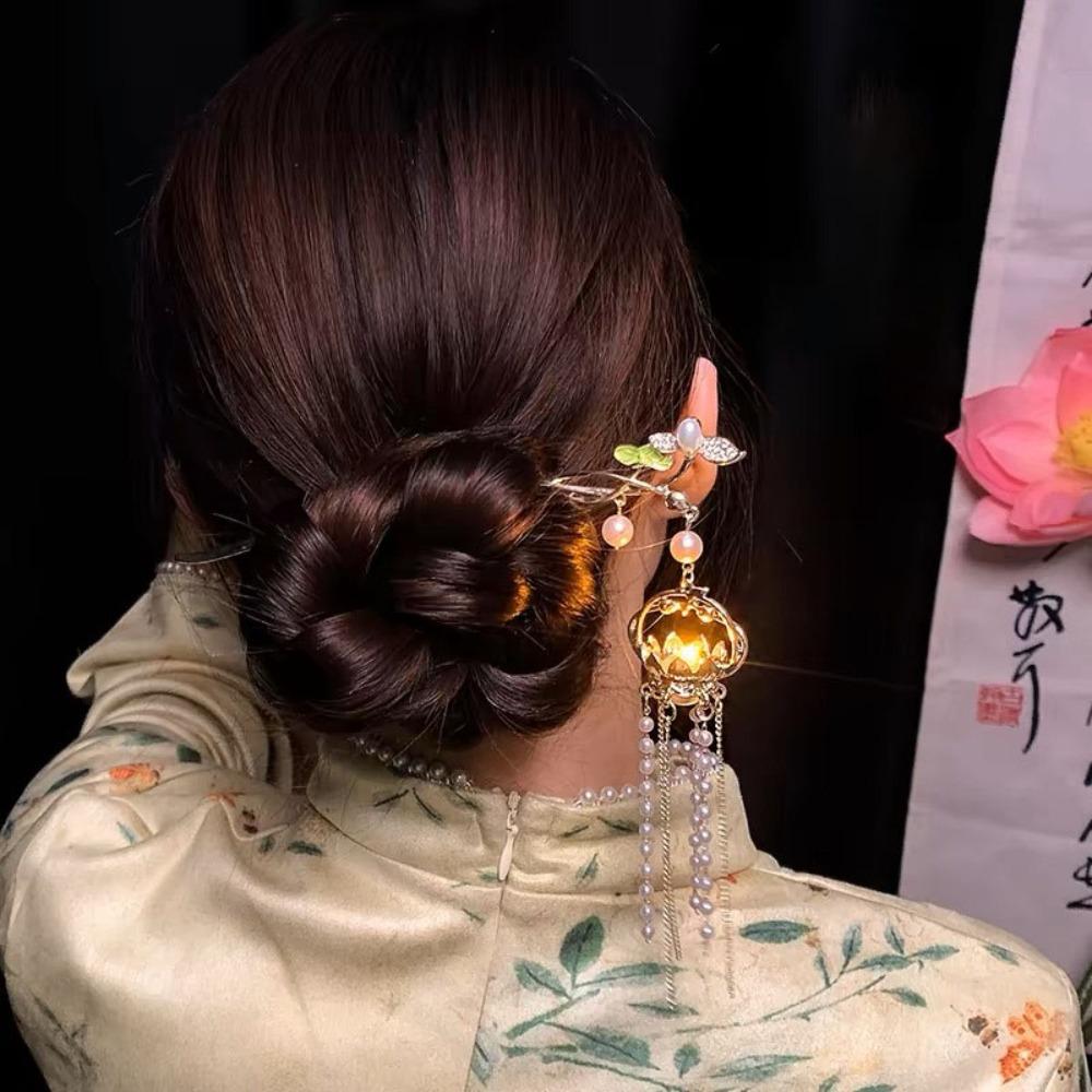 Vintage Lotus Emit Light Hairpin Chinese Style Tassel Hair Stick  For Woman Girl Hair Accessories