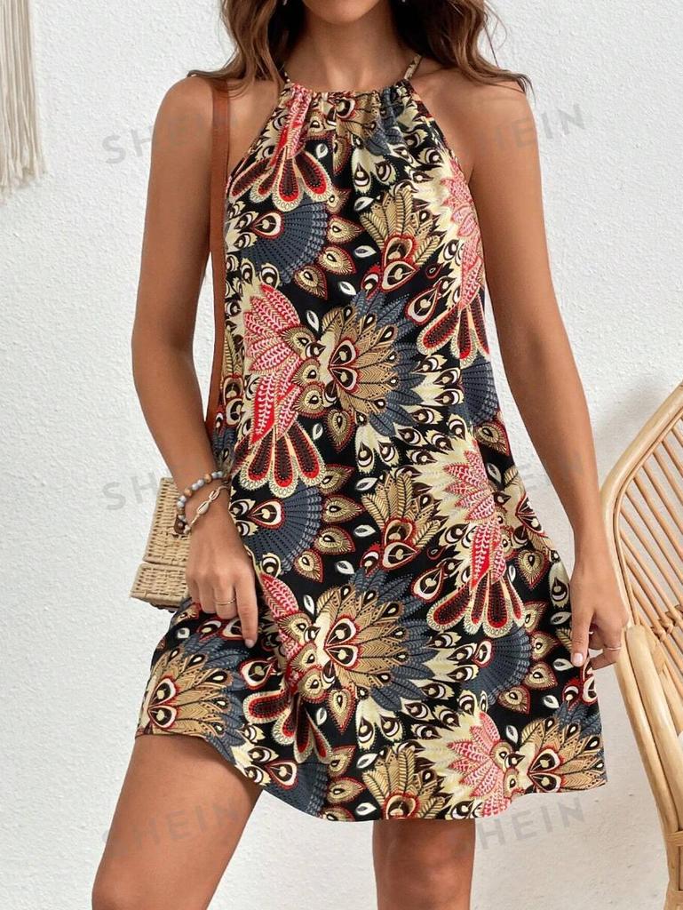 Feather Print Halterneck Camisole Dress - Women's Spring/Summer Vacation Beachwear