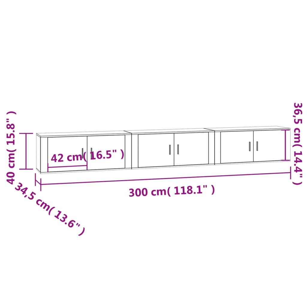Wall Mounted TV Cabinets Set of 3 Smoked Oak Finish 100 X 34.5 X 40 Cm