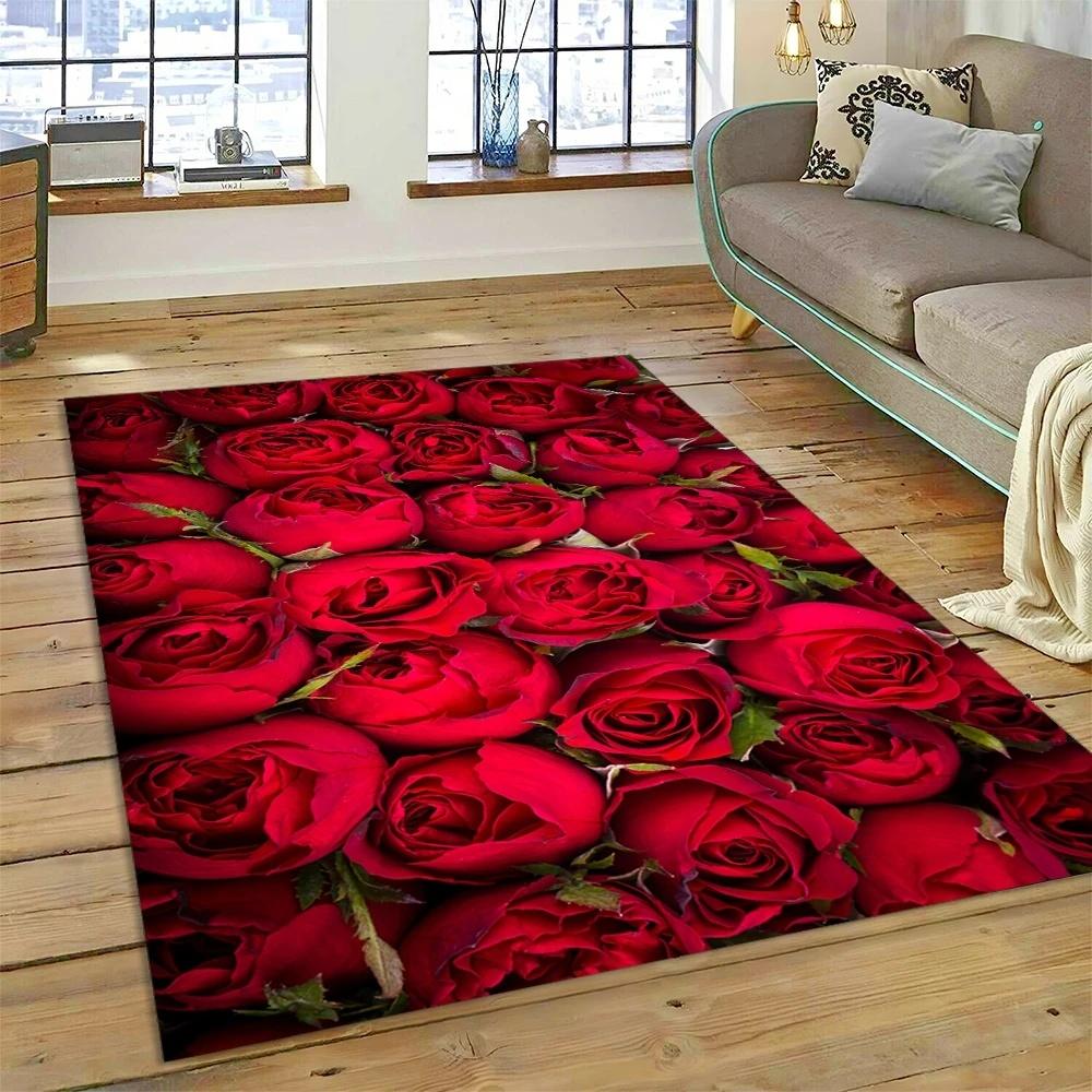 Romantic Red Rose Floral Area Rug with Dark Background for Living Room Bedroom Decor Non Slip Carpet Elegant Style Perfect Gift