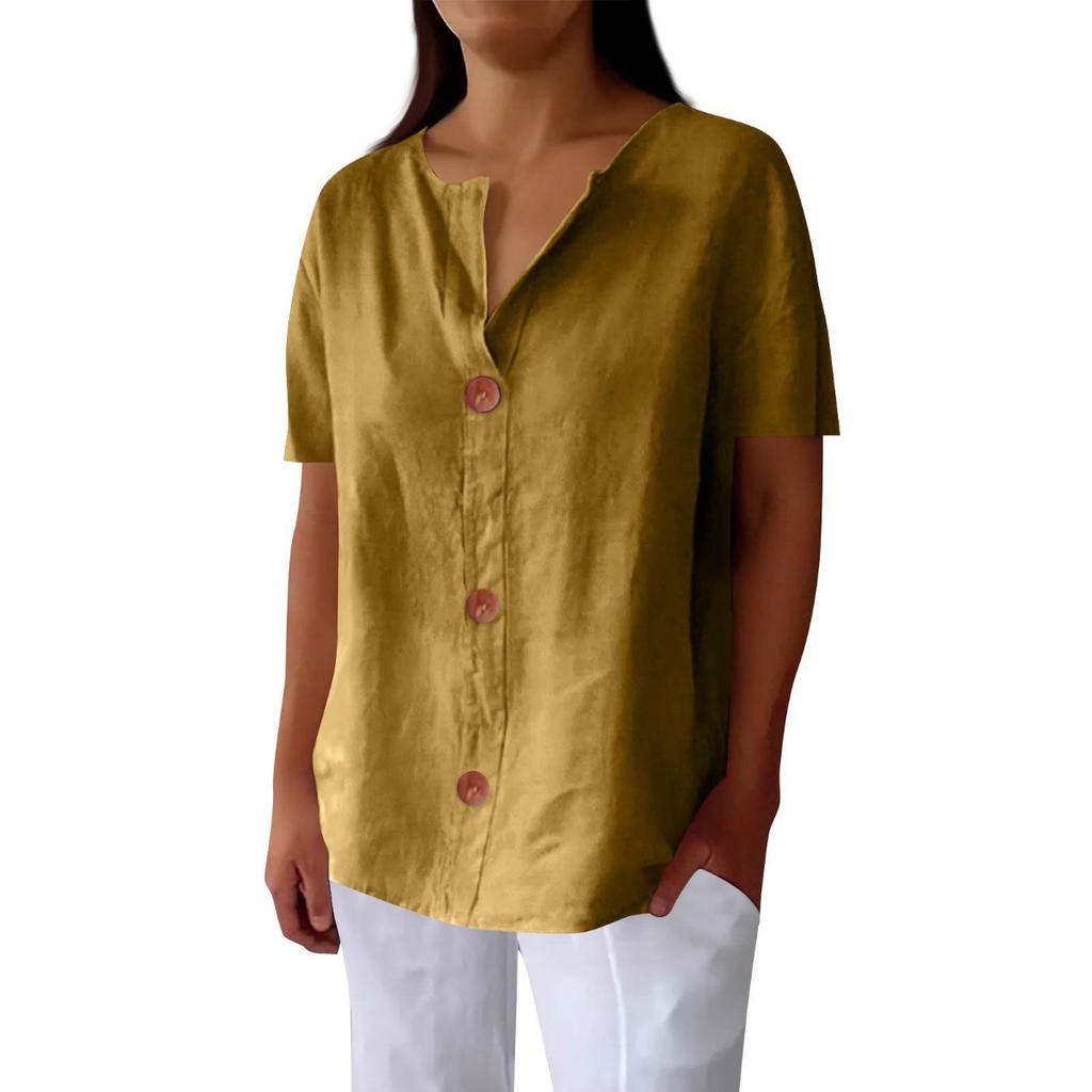 Spring Autumn New Women's Loose V-neck Button T-shirt Comfortable Casual Blouse Top