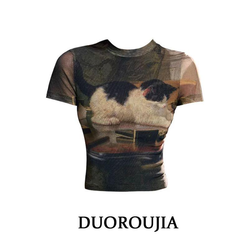 

Retro Kitten Print Brown Short-Sleeved T-shirt Female Plus Size Plus Size Ladies Sexy Style Short Waist-Tight Slim Looking Shoulder Tops Brown Color [Free Shipping Insurance] L