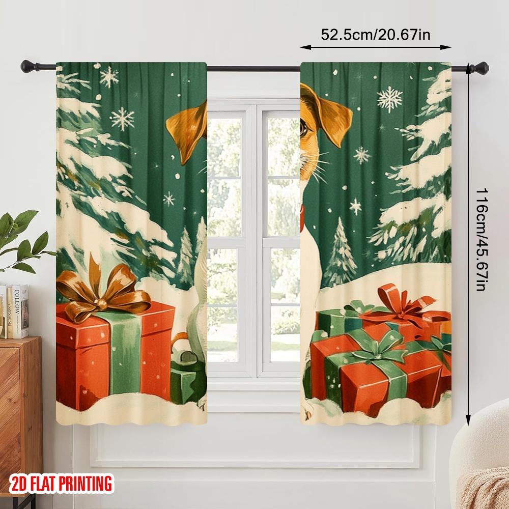 2pcs,2D plane printing Window Curtain Cute Dog Christmas Gifts Polyester Woven (without rod) Holiday for Bedroom, Living Room,