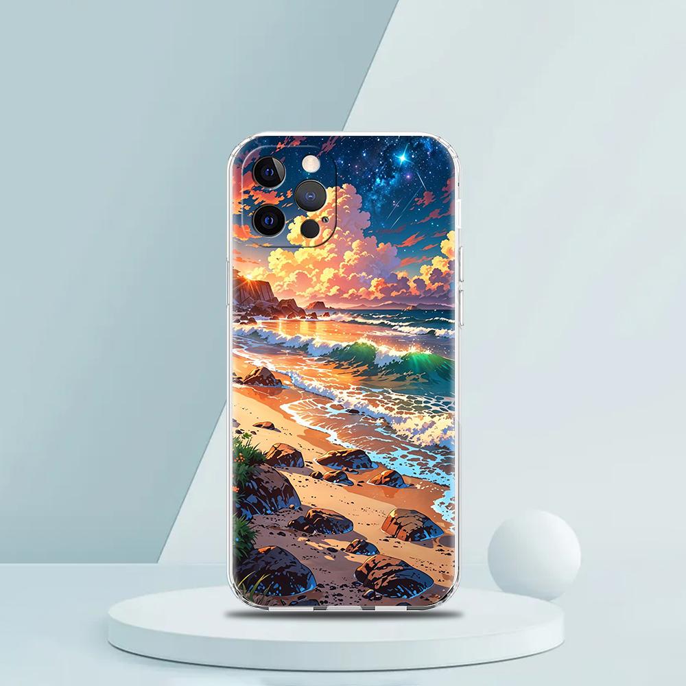 Soft TPU Transparent Phone Case for iPhone 16 15 14 13 12 11 Pro Max XR 8 7 Plus XR Starry Night Art Aesthetic Beach Night View