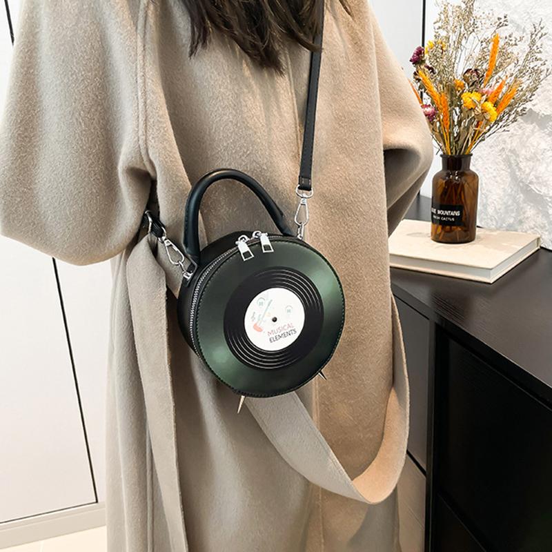 Personalized Creative Small Round Bag New Fashion Women's Niche Retro Record Shape Bag Ins Ladies PU Crossbody Bag KTB
