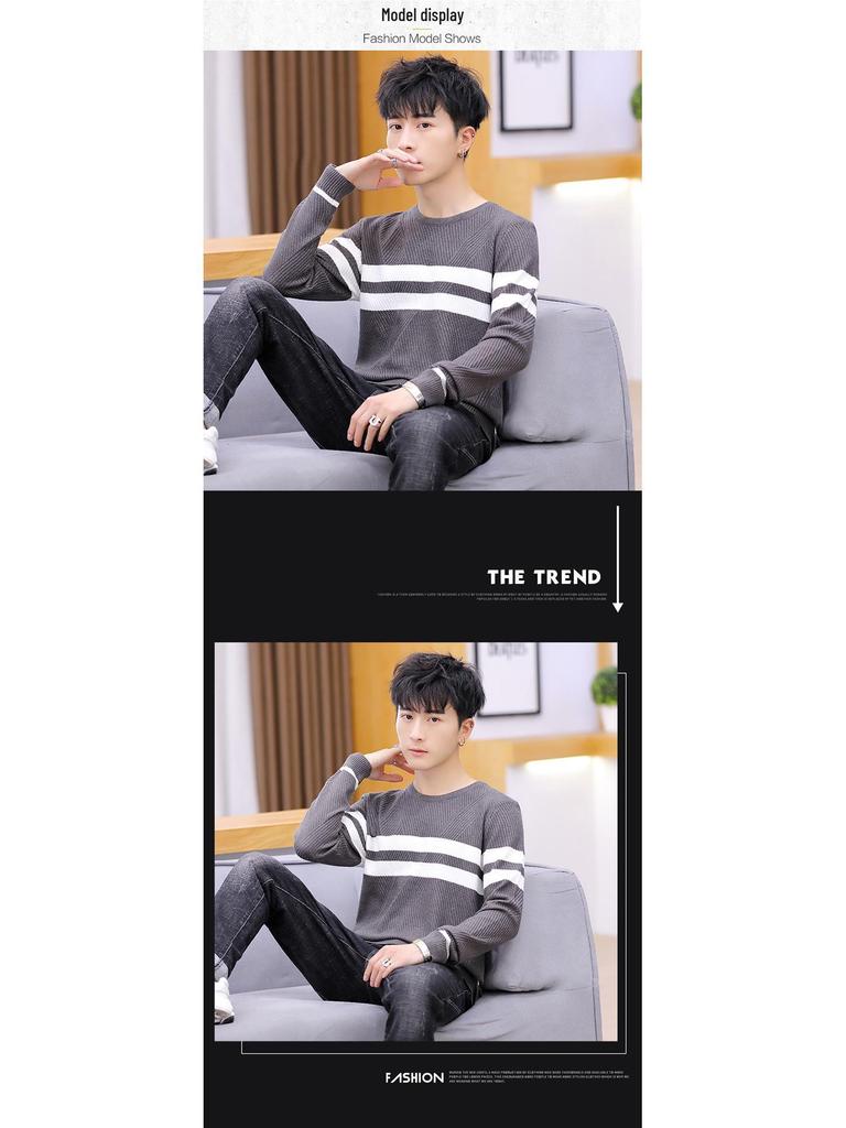 Autumn 2020 Men's Slim Fit Korean Style Round Neck Knitted Pullover Sweater - Fashionable Long Sleeve Base Shirt