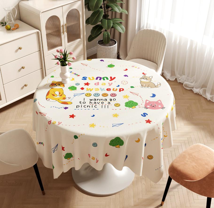 

Cute Cat Round Tablecloth Available Cartoon Pattern Printed Desk Tablecloth Process Courtyard Bedroom Decoration Home Kitchen 120x160cm