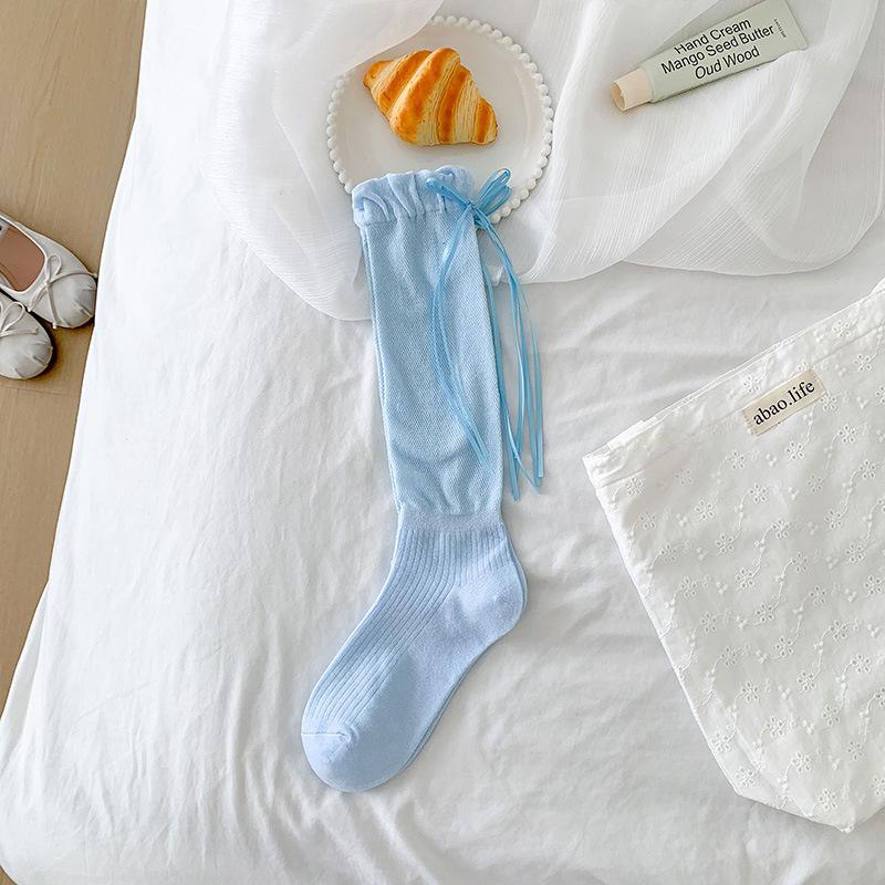 

Женские летние туфли на тонком каблуке с ленточным бантом, сетчатые, дышащие, с милыми цветочными прицветниками, гольфы до икры 1 pair синий