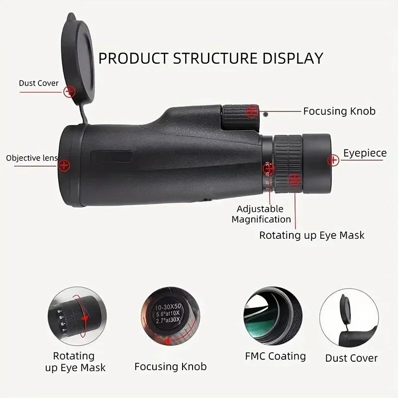10-30x50mm Stepless Zoom Monocular Telescope, Long Range High Power Scope For Outdoor Exploration, Hiking Bird Watching