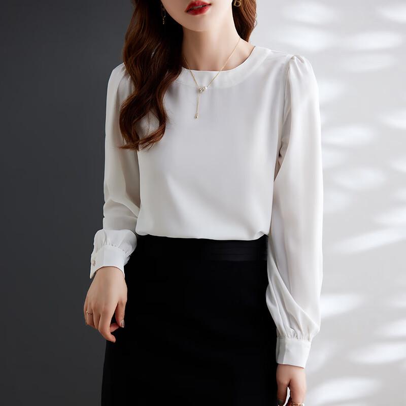 Toluoman Women s White Round Neck Long Sleeve Shirt M