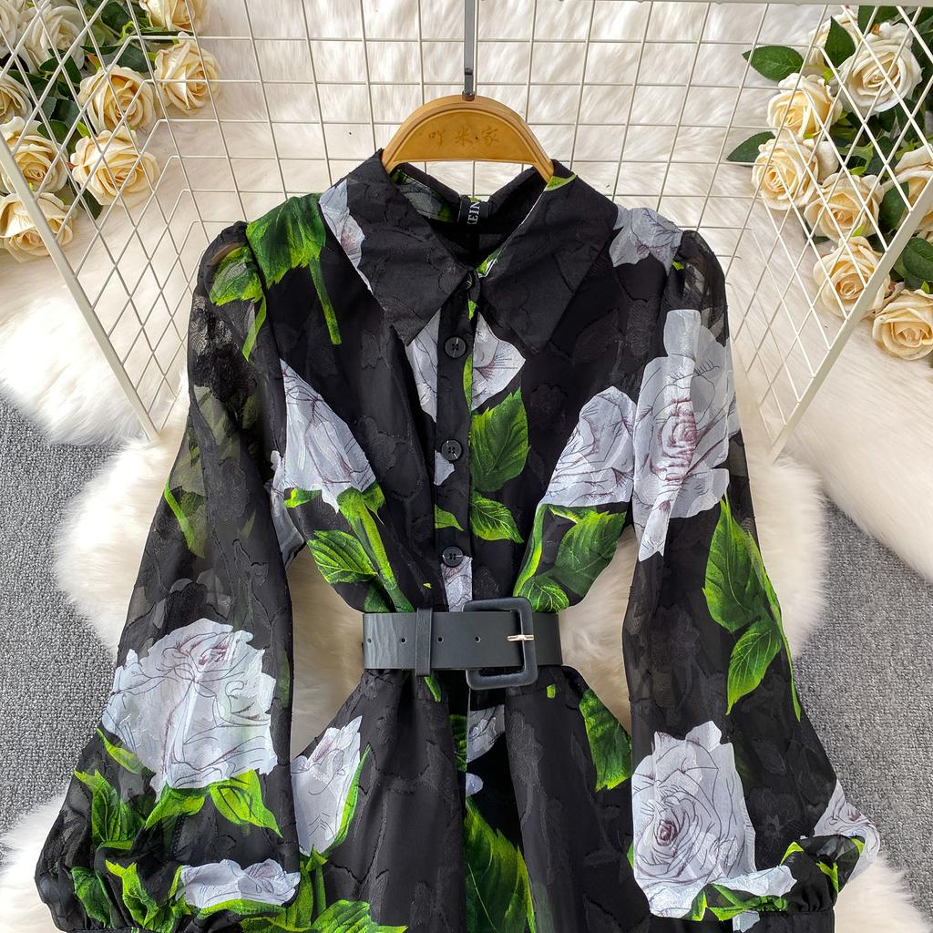 Francuski Styl Wakacyjny Super Wróżkowy Nadruk Klapa Długi Rękaw Sukienka Damska Wiosna Jesień Jednorzędowa Talia Rozkloszowana Elegancka