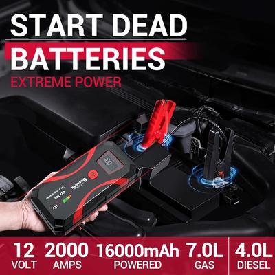 208 Démarreur de batterie de voiture, Pic de 2000 A, Boîte de démarrage portable 12 V pour moto jusqu'à 7 L essence et 4 L diesel, Lampe de poche 3 en 1 & Sûr