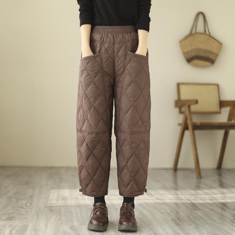 Winter Effen Kleur Ruitvormige Neergedrukte Broek Dames Winddicht en Warm Witte Eendendons Casual Broek