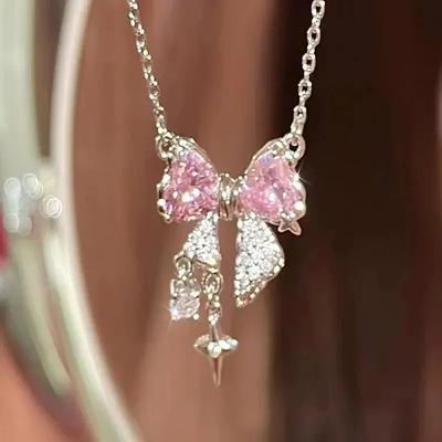 Fairy Pink Crystal Bow Knot Pendant Necklaces Y2K Girls Sweet Rhinestone Heart Clavicle Chain Women Jewelry Gifts