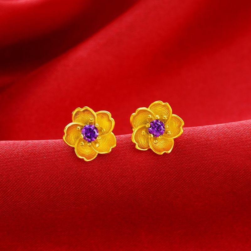 

Вьетнамское россыпное золото Маленькие серьги-пусеты Женская ушная штанга Искусственная позолота 24K Золотые серьги Европейская монетная ювелирия Не выцветающие Свадебные Orange Red(Purple Diamond Flower)