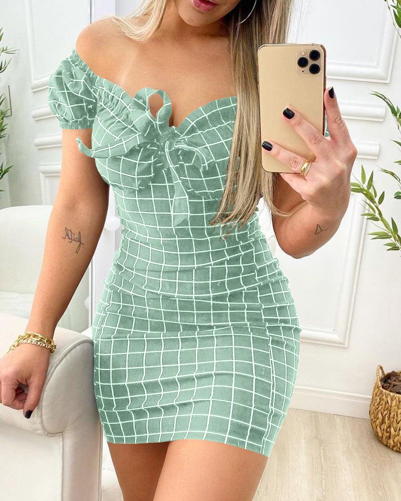

Весенне-летнее клетчатое мини-платье бодикон с открытыми плечами для женщин XL светло-зеленый