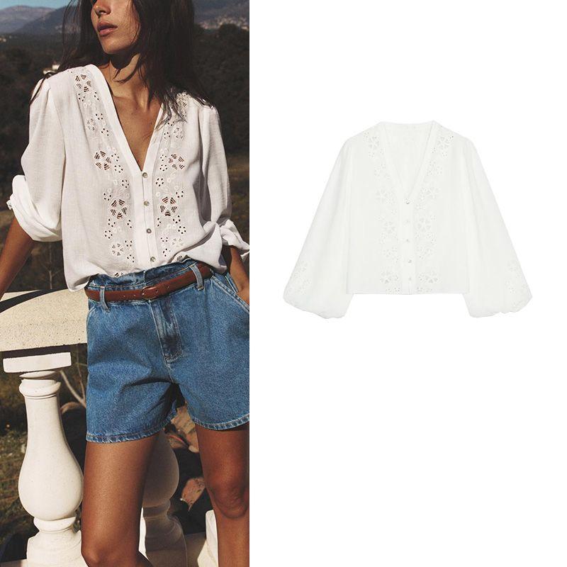 Summer New Women clothes Casual Style Decorated Row Button Hollow Embroidery Fashion V-neck Long sleeve Shirts 8741082