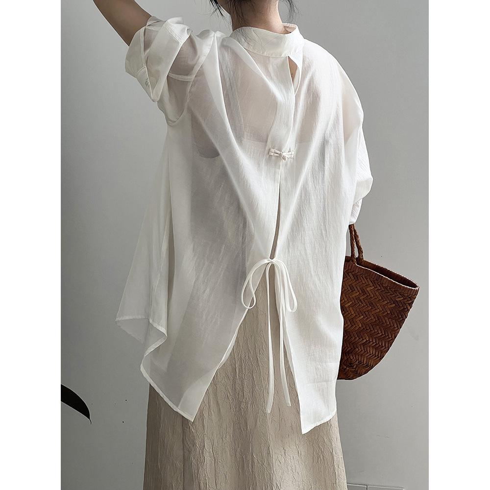 Chinese Plate Button Lightweight Sun Shirt Women's Summer Back Split Blouse Tops