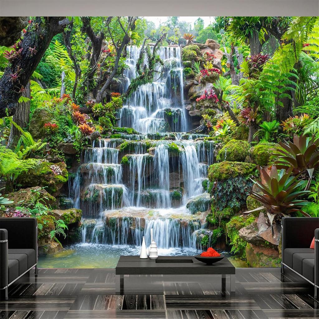 Tropical Rainforest Waterfall Wall Mural Green Plants Nature Scenery Wallpaper Home Decor